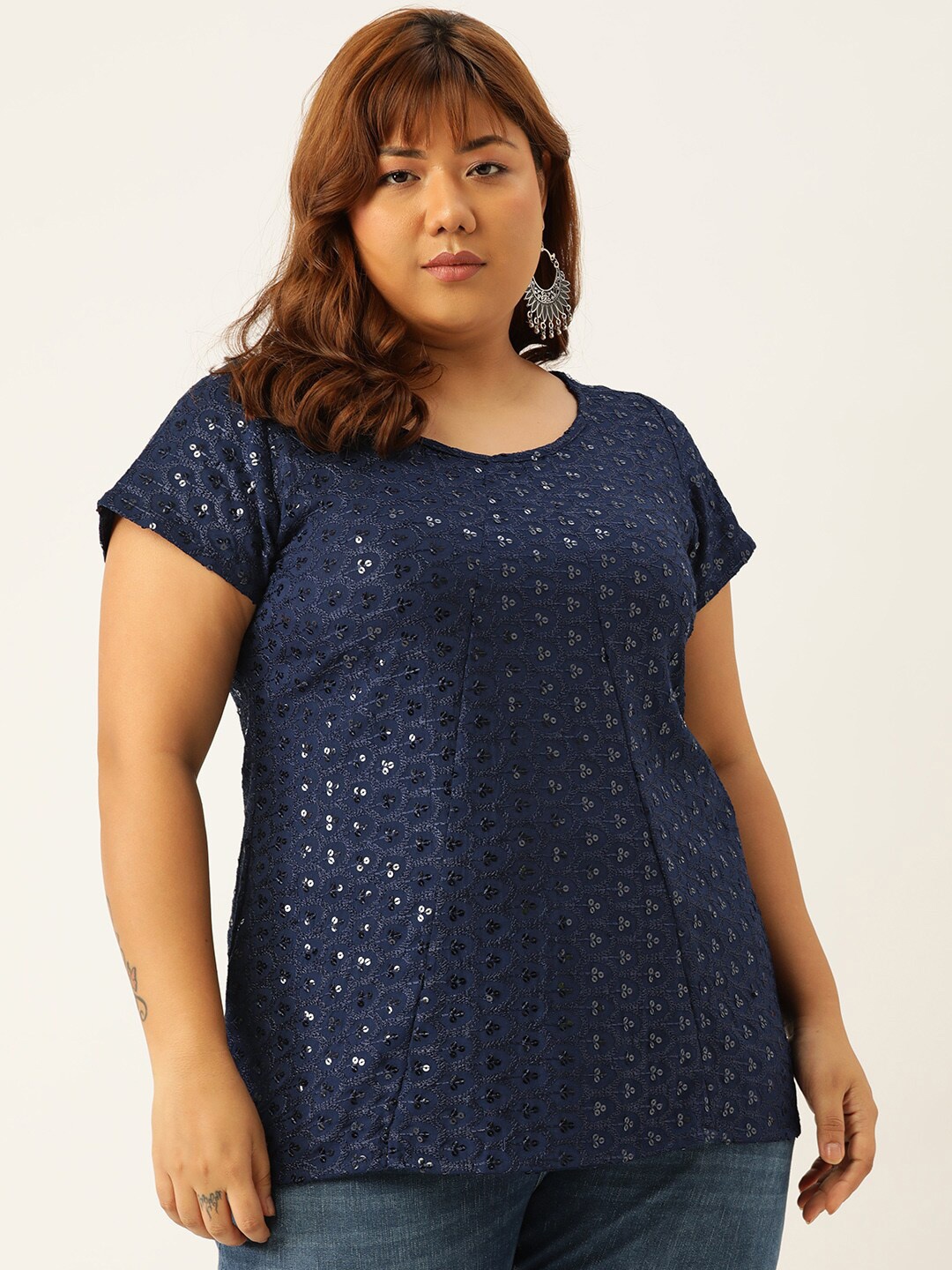 

theRebelinme Plus Size Navy Blue Solid Embellished Top