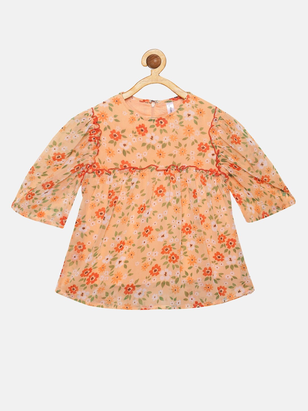 

KiddoPanti Girls Peach & White Floral Print Georgette Frill Top