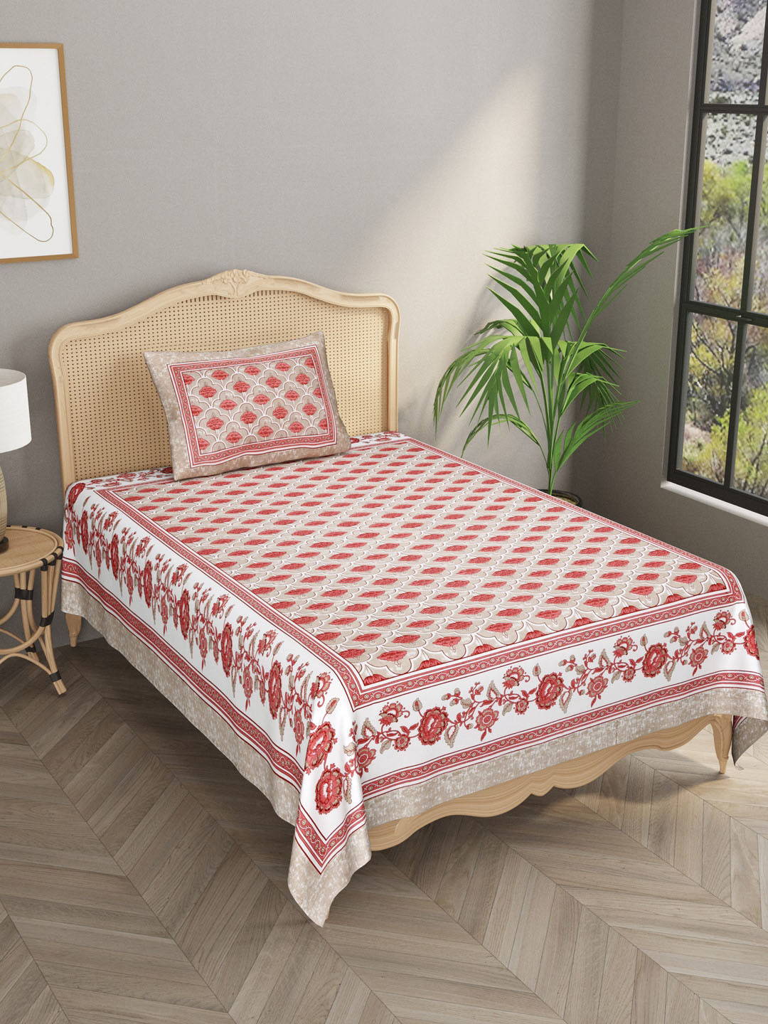 

Gulaab Jaipur Grey & Pink Floral 300 TC King Bedsheet with 1 Pillow Covers