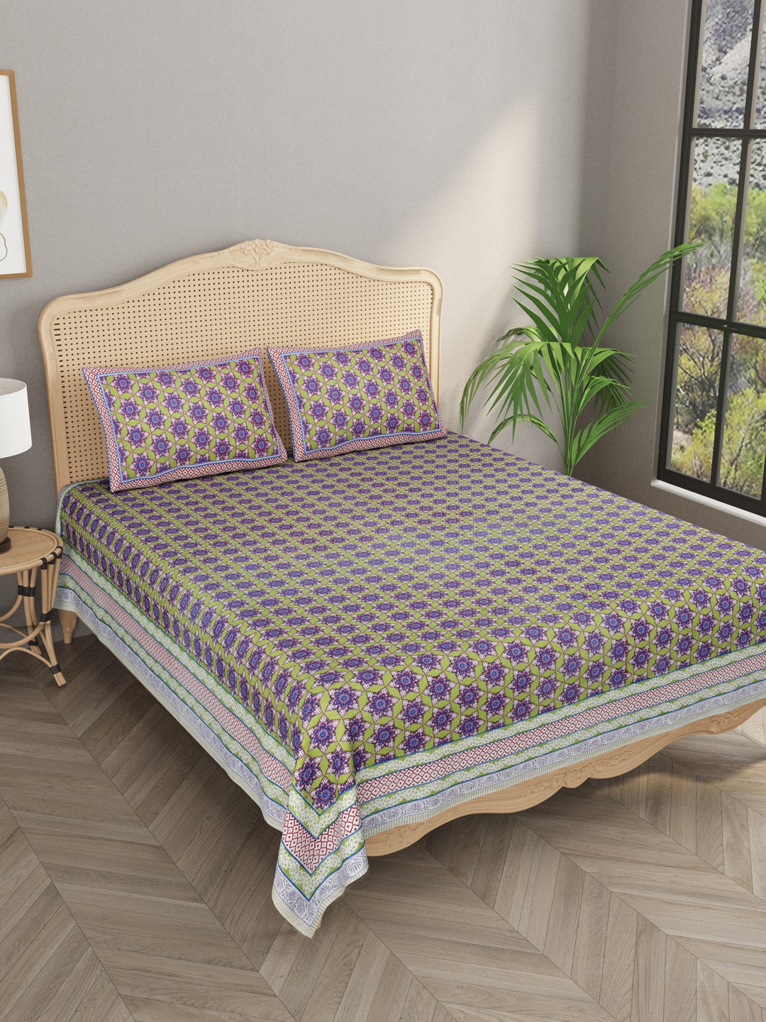

Gulaab Jaipur Purple & Green Floral 600 TC King Bedsheet with 2 Pillow Covers