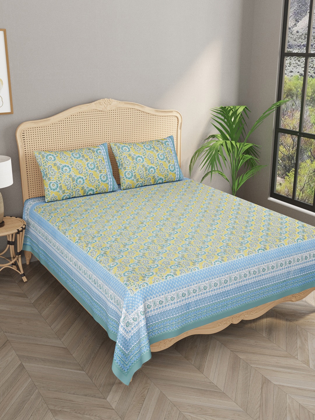 

Gulaab Jaipur Yellow & Blue Floral 600 TC King Bedsheet with 2 Pillow Covers