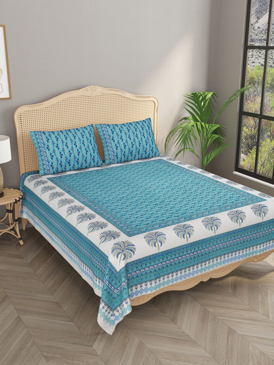 

Gulaab Jaipur Blue & White Floral 600 TC King Bedsheet with 2 Pillow Covers