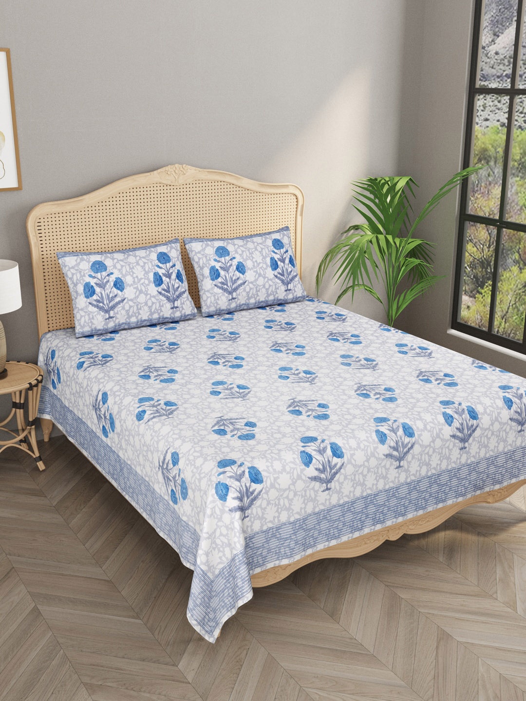 Gulaab Jaipur Off White & Blue Floral 600 TC King Bedsheet with 2 Pillow Covers