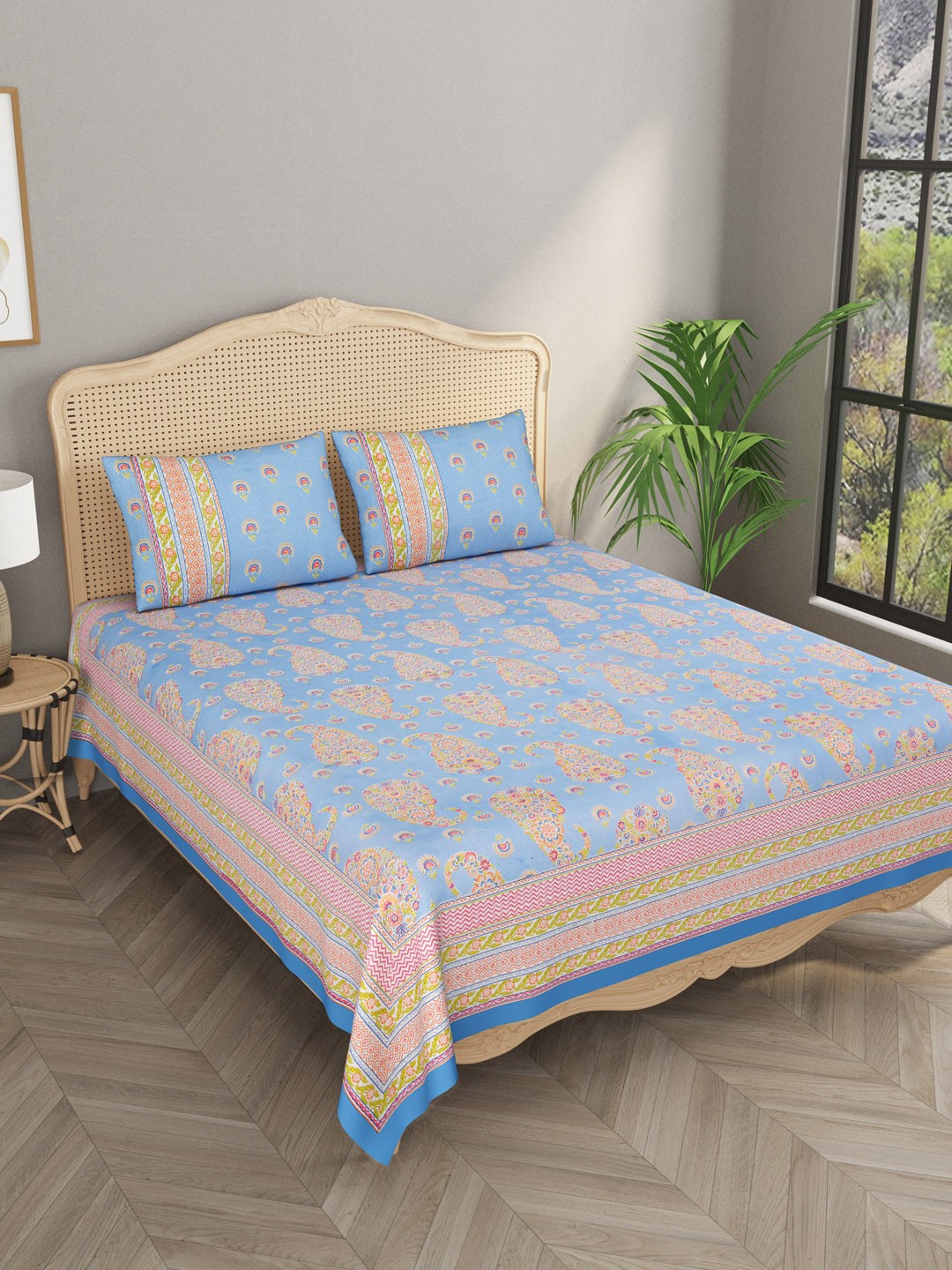 

Gulaab Jaipur Blue & Green Floral 600 TC King Bedsheet with 2 Pillow Covers
