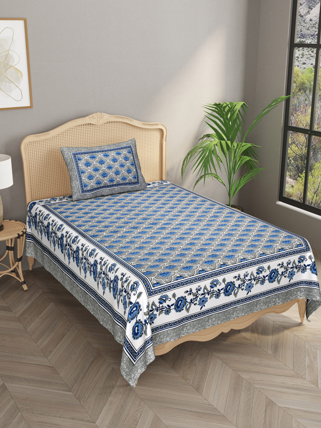 

Gulaab Jaipur Blue & White Floral 300 TC King Bedsheet with 1 Pillow Covers