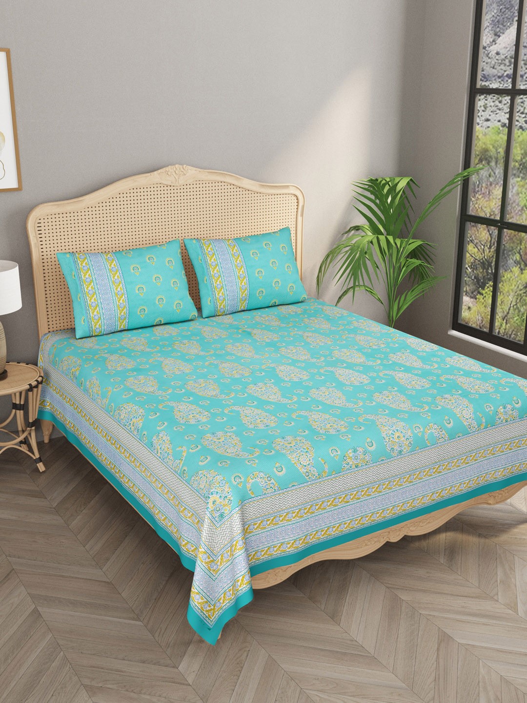 

Gulaab Jaipur Blue & Green Printed 600 TC King Bedsheet with 2 Pillow Covers