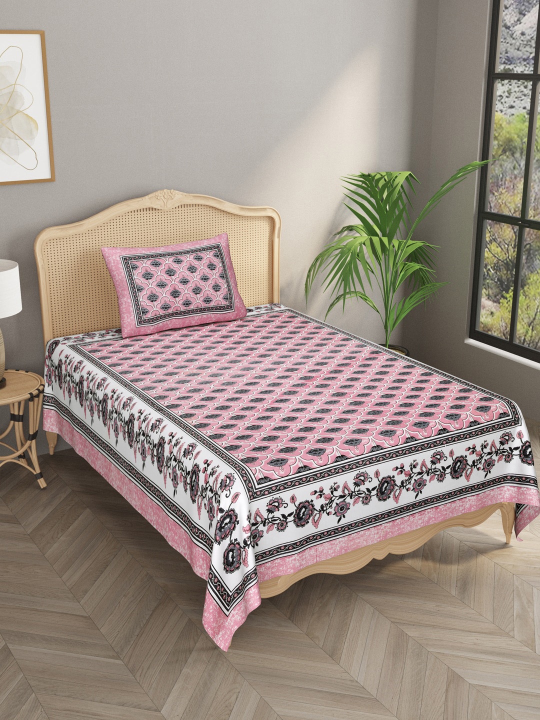 

Gulaab Jaipur Pink & Grey Floral 300 TC Cotton King Bedsheet with 1 Pillow Cover