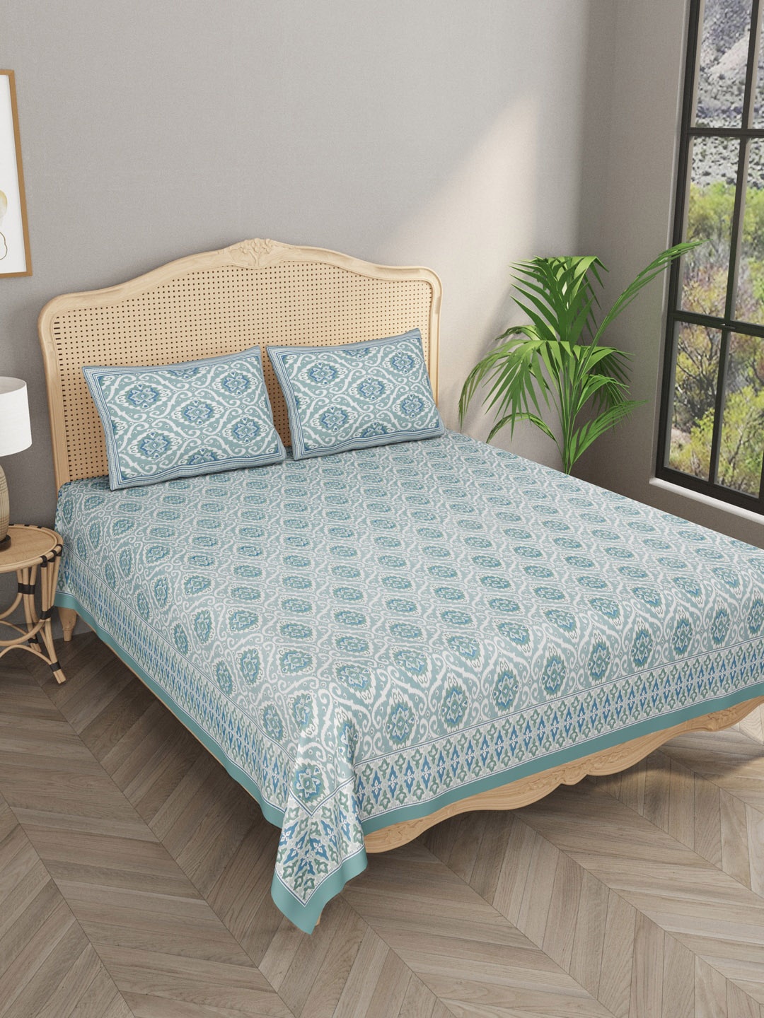

Gulaab Jaipur Blue & Off White Ethnic Motifs 600 TC King Bedsheet with 2 Pillow Covers