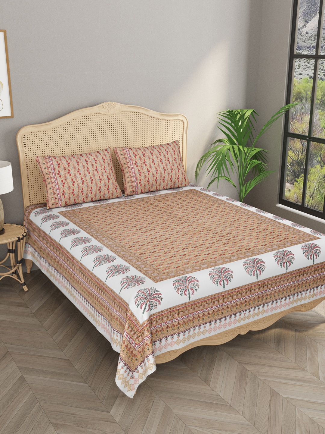 

Gulaab Jaipur Beige & White Ethnic Motifs 600 TC King Bedsheet with 2 Pillow Covers