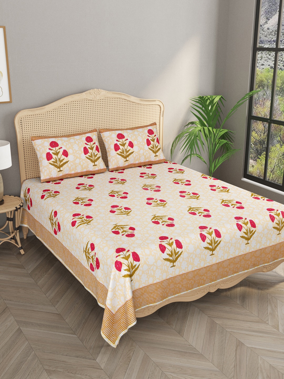 Gulaab Jaipur Brown Floral Printed 600TC Cotton King Size Bedsheet with 2 Pillow Cover