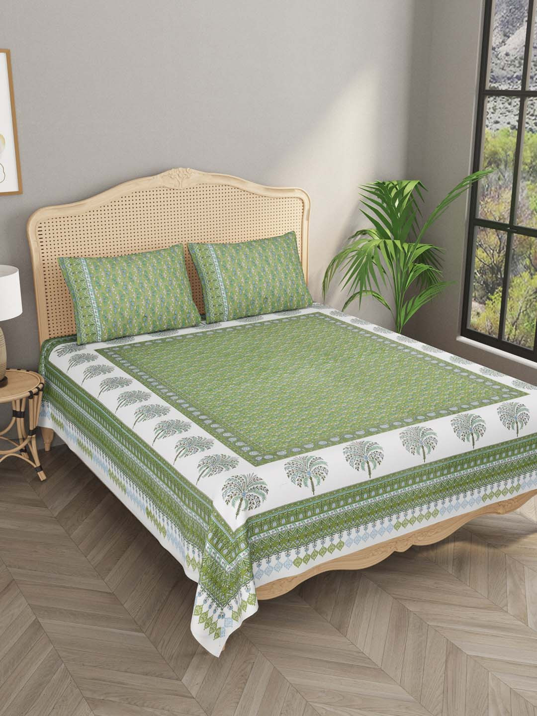 

Gulaab Jaipur Green & White Floral 600 TC King Bedsheet with 2 Pillow Covers