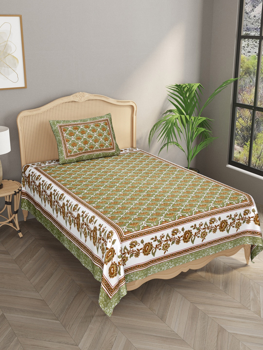 

Gulaab Jaipur Green & Brown Floral 300 TC King Bedsheet with 1 Pillow Covers