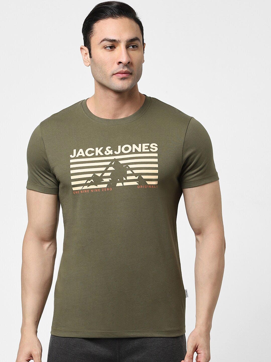 Jack & Jones Men Green Brand Logo Printed T-shirt