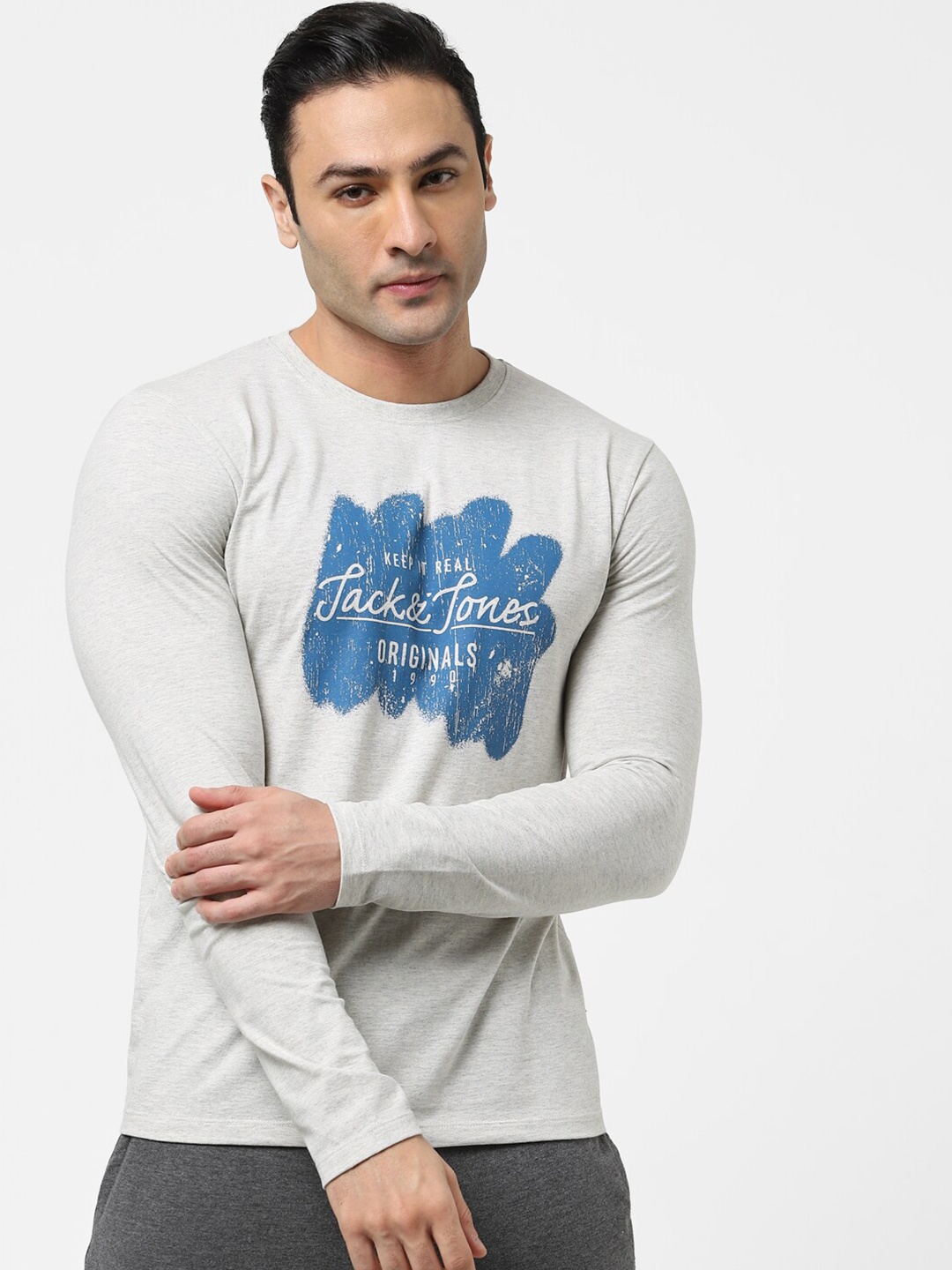 

Jack & Jones Men White & Blue Brand Logo Printed T-shirt