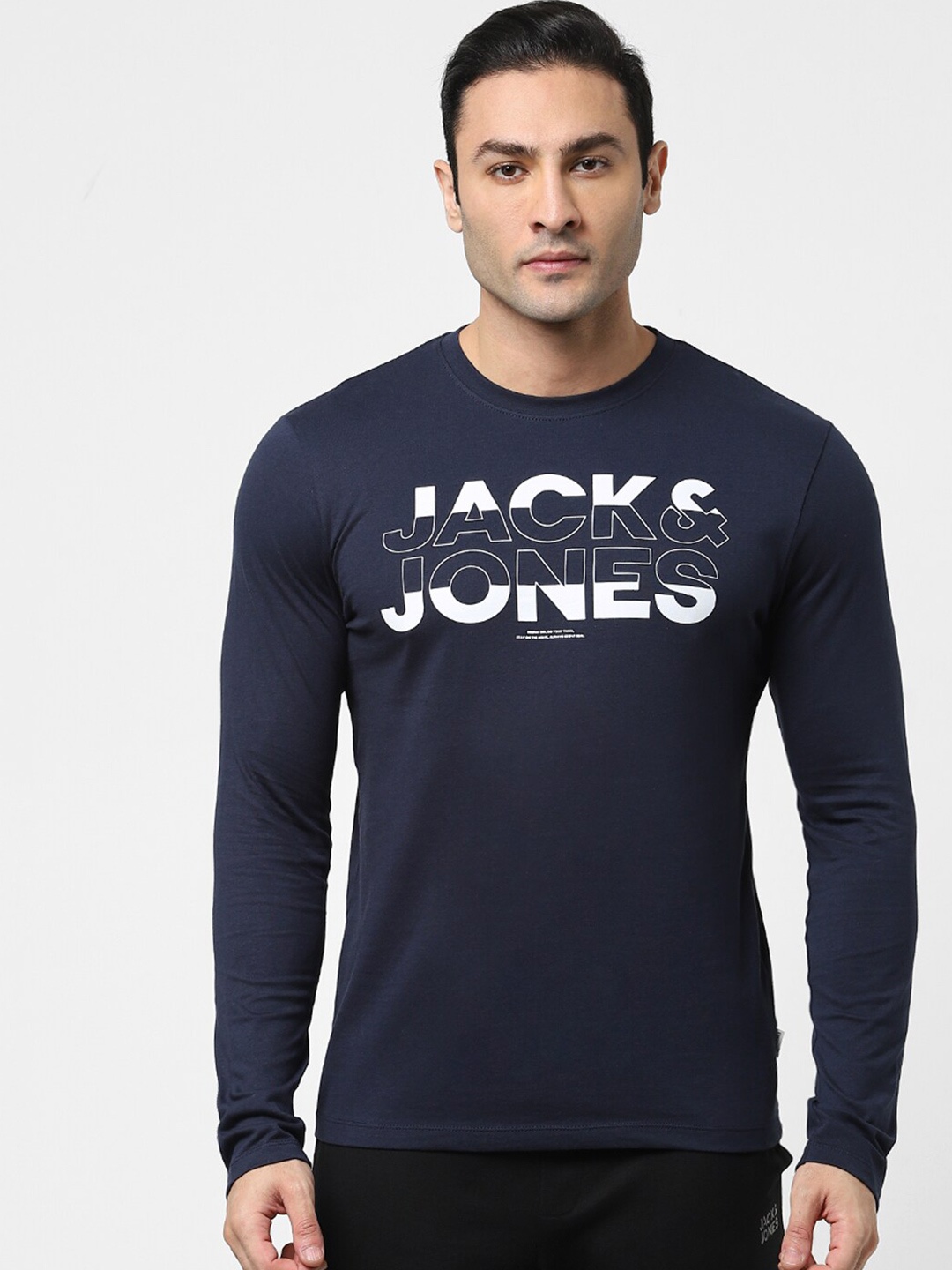 

Jack & Jones Men Navy Blue Typography Printed Long Sleeves T-shirt