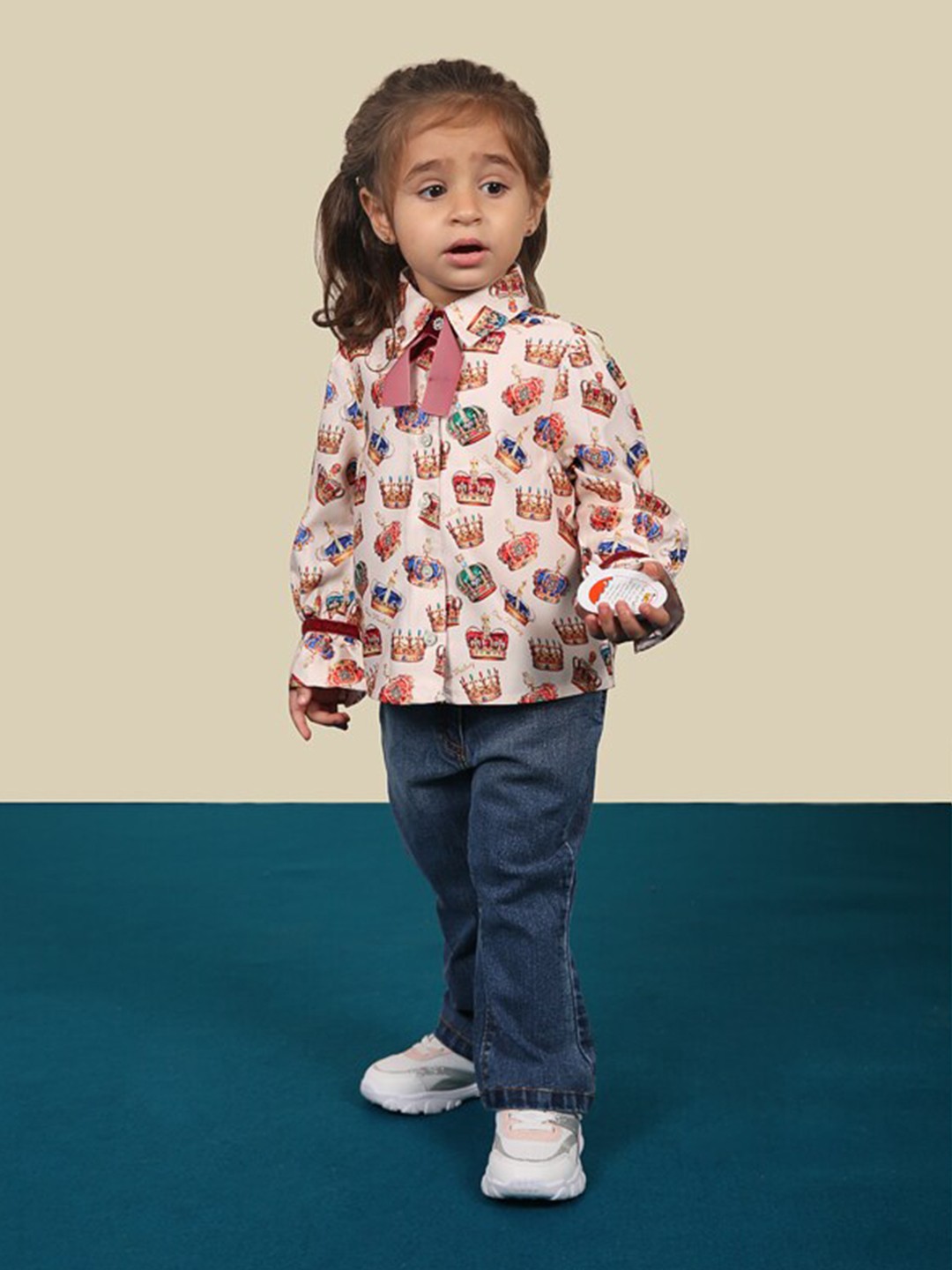 

One Friday Girls Cream-Coloured Printed Casual Shirt