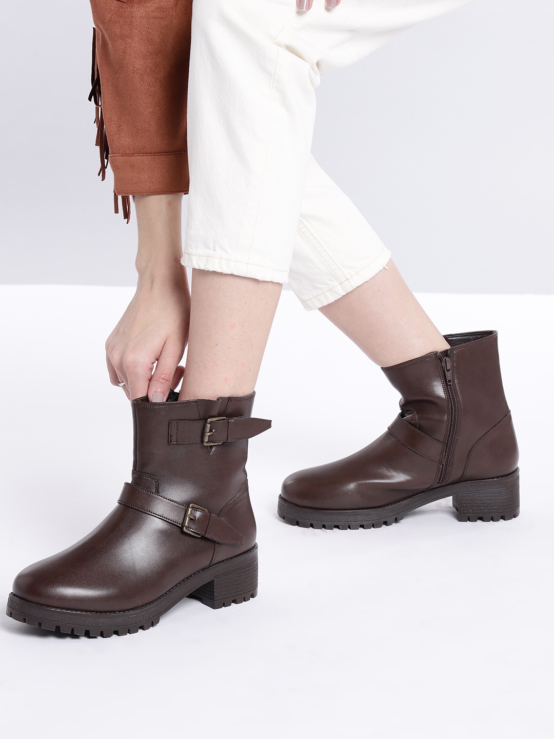 

Roadster Women Brown Solid Block Heeled Boots with Buckle Detail