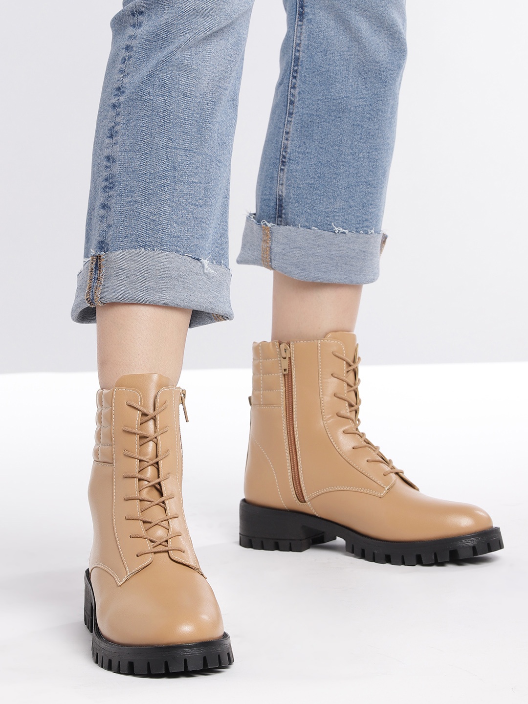 

Roadster Women Beige Solid Mid-Top Block Heel Boots with Quilted Detail