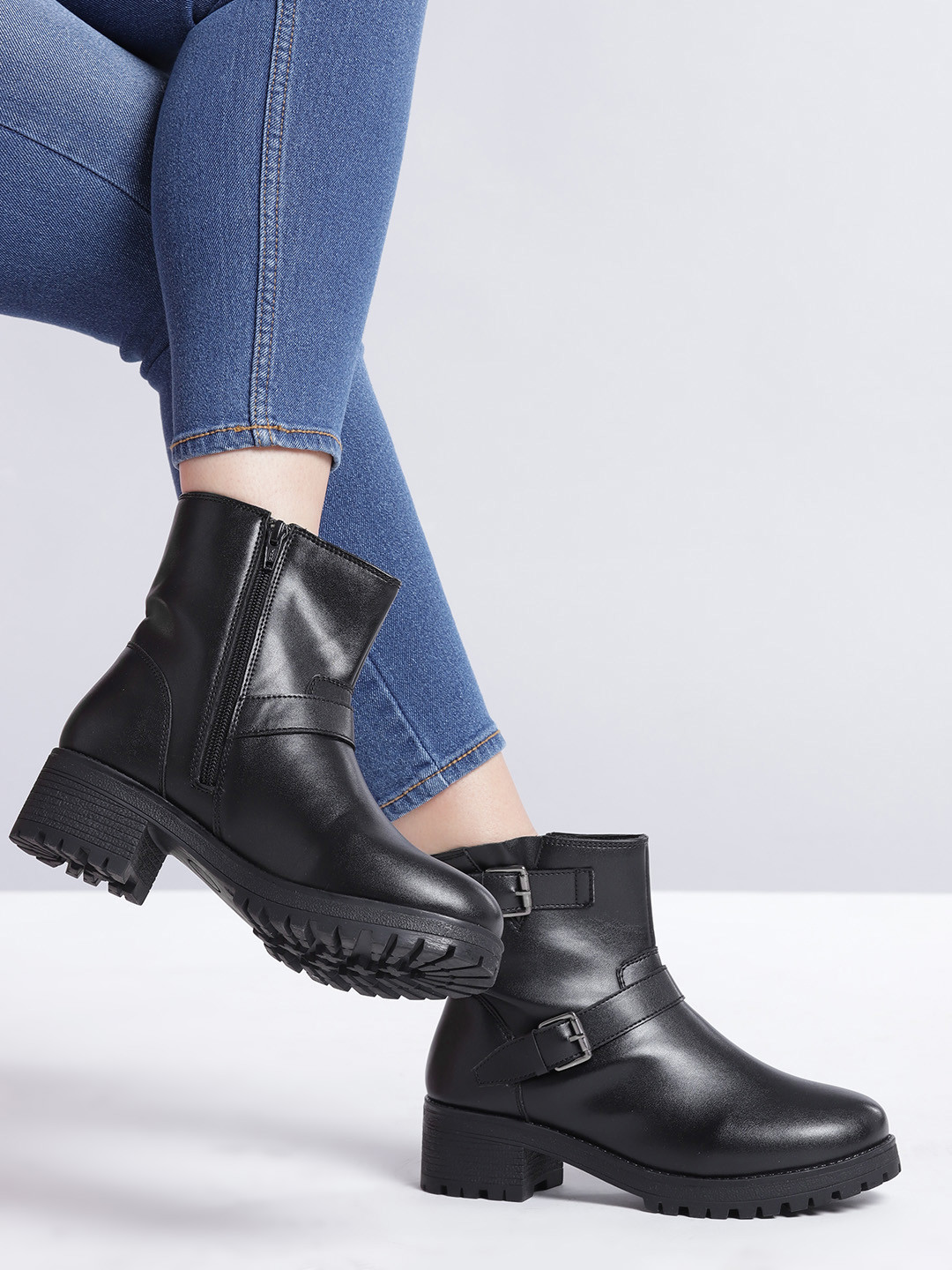 

Roadster Women Black Solid Mid-Top Block Heeled Boots with Buckles