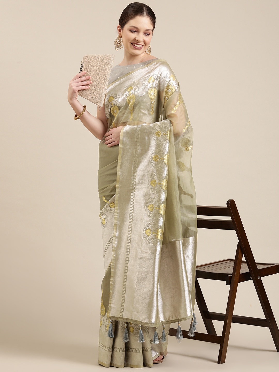 

panchhi Tan Brown & Silver-Coloured Zari Organza Banarasi Saree
