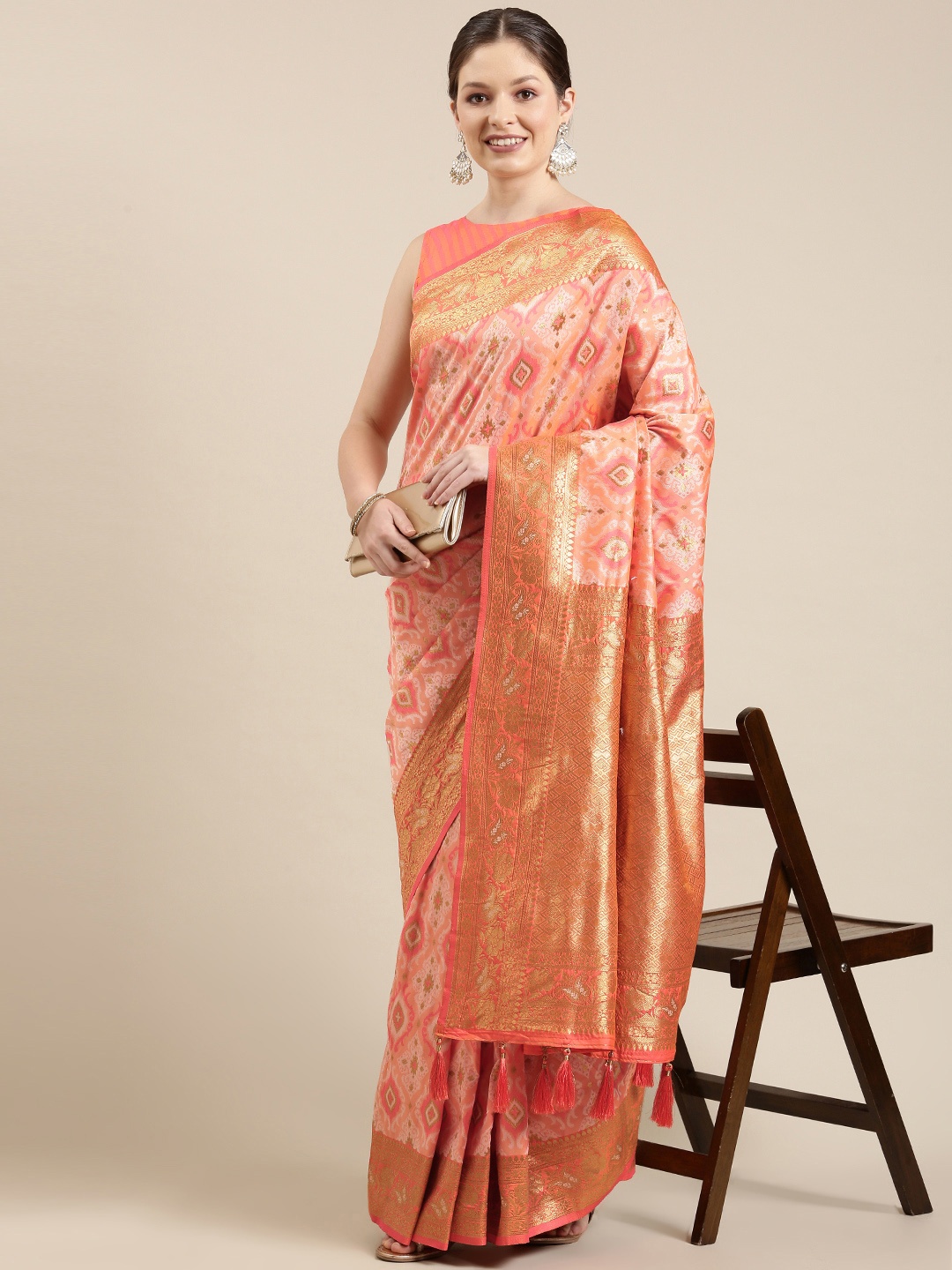 

panchhi Pink & Golden Ethnic Motifs Zari Satin Banarasi Saree