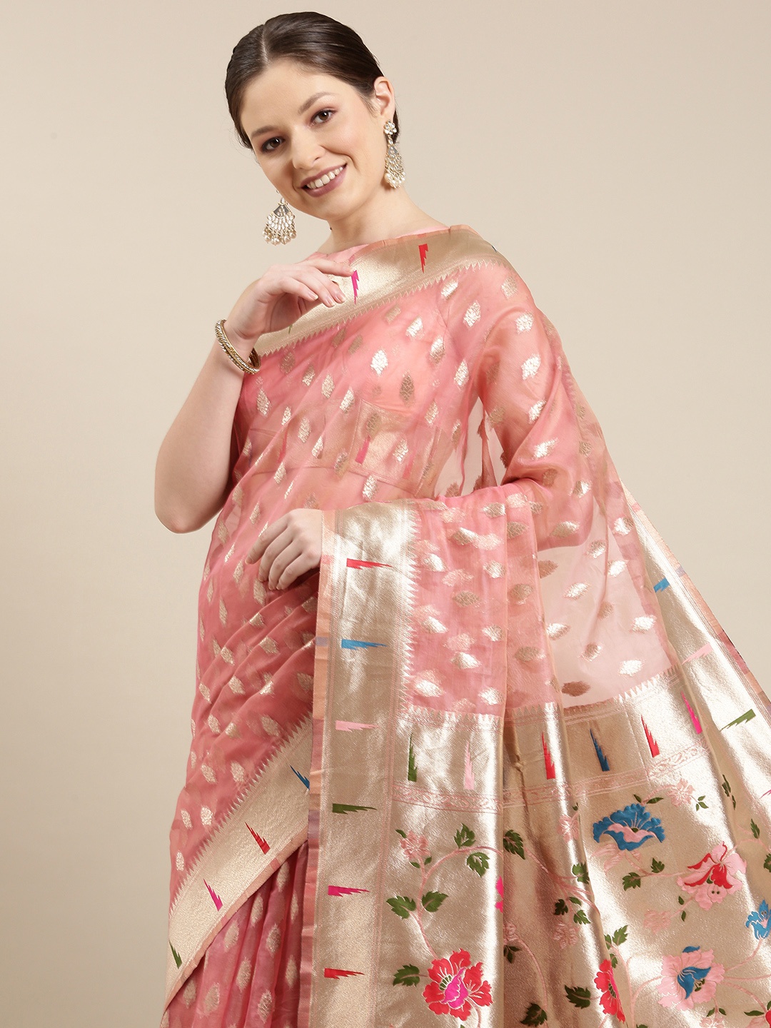 

panchhi Coral & Golden Ethnic Motifs Zari Organza Banarasi Saree