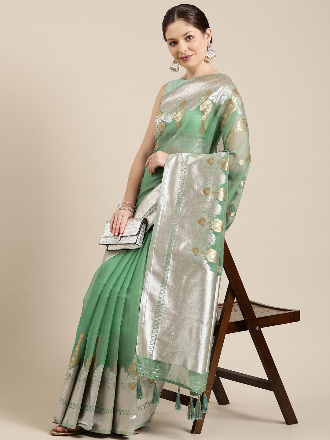 

panchhi Mint Green & Silver-Coloured Zari Organza Banarasi Saree