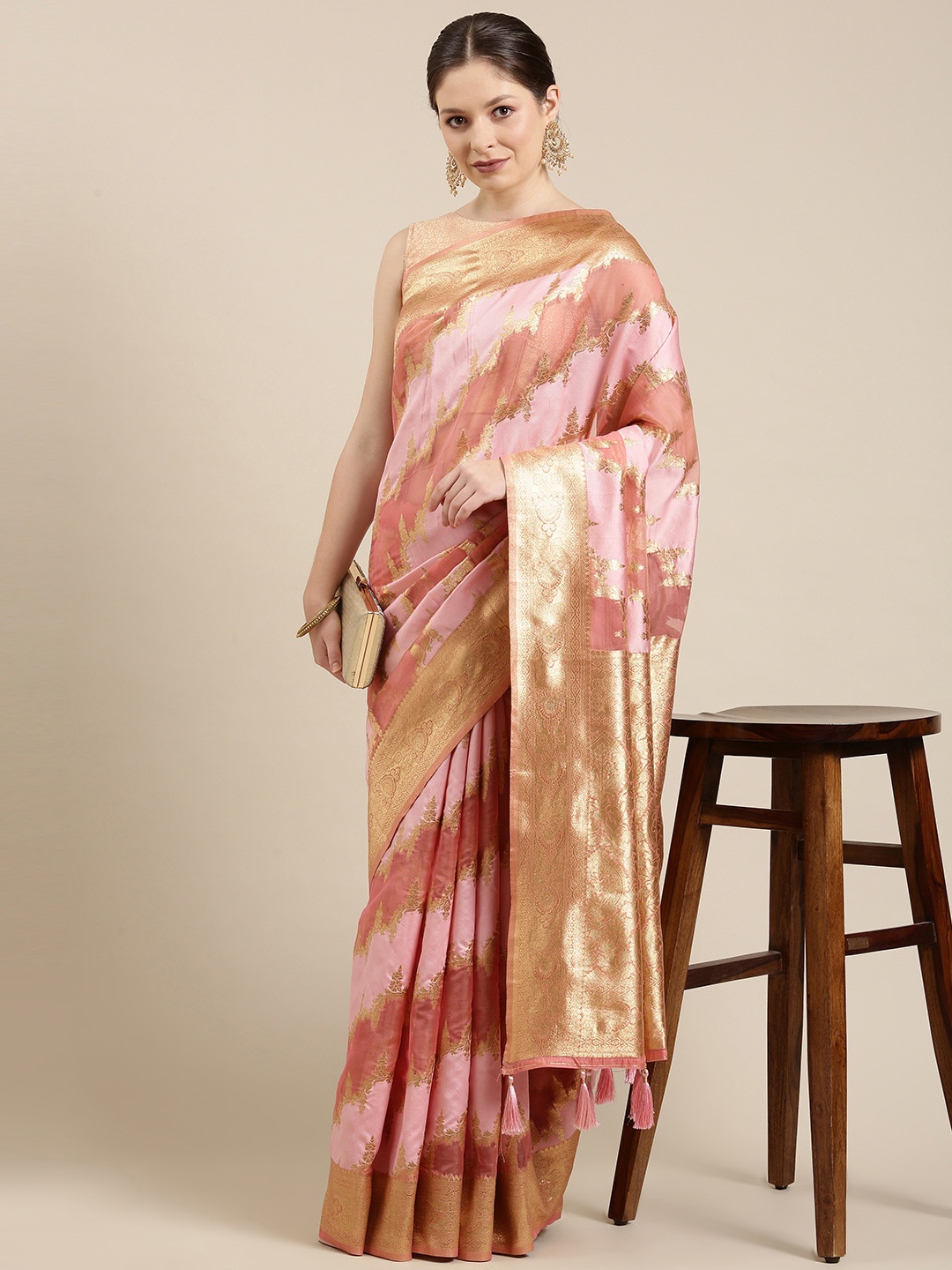 

panchhi Pink & Golden Ethnic Motifs Zari Organza Banarasi Saree