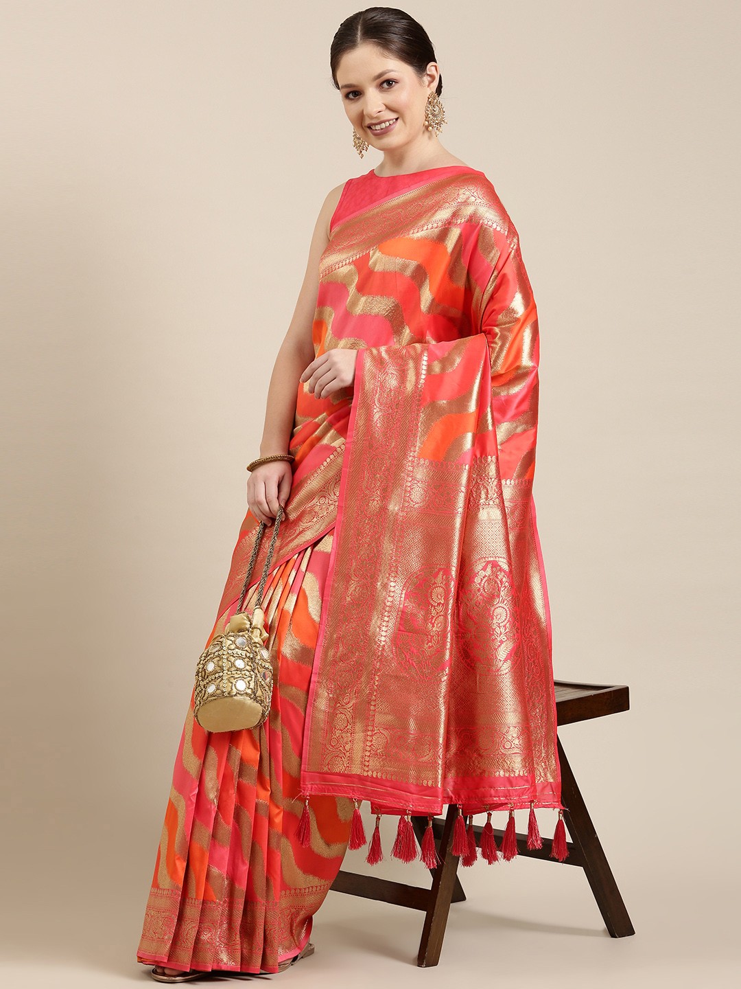 

panchhi Pink & Golden Woven Design Zari Satin Fusion Banarasi Saree