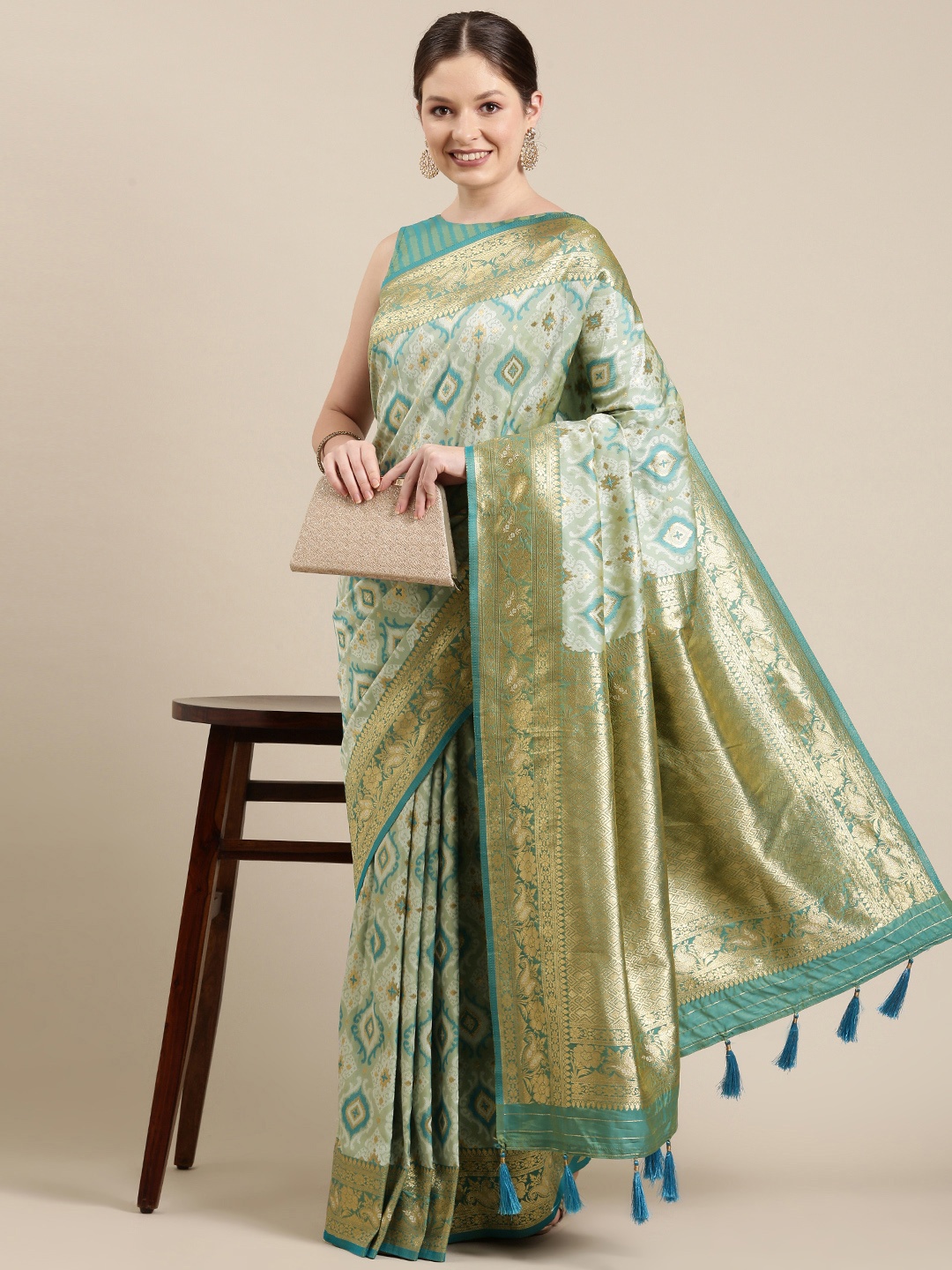 

panchhi Turquoise Blue & Golden Ethnic Motifs Zari Satin Banarasi Saree