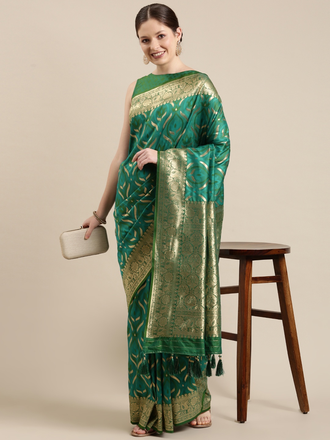 

panchhi Green & Golden Ethnic Motifs Zari Satin Banarasi Saree