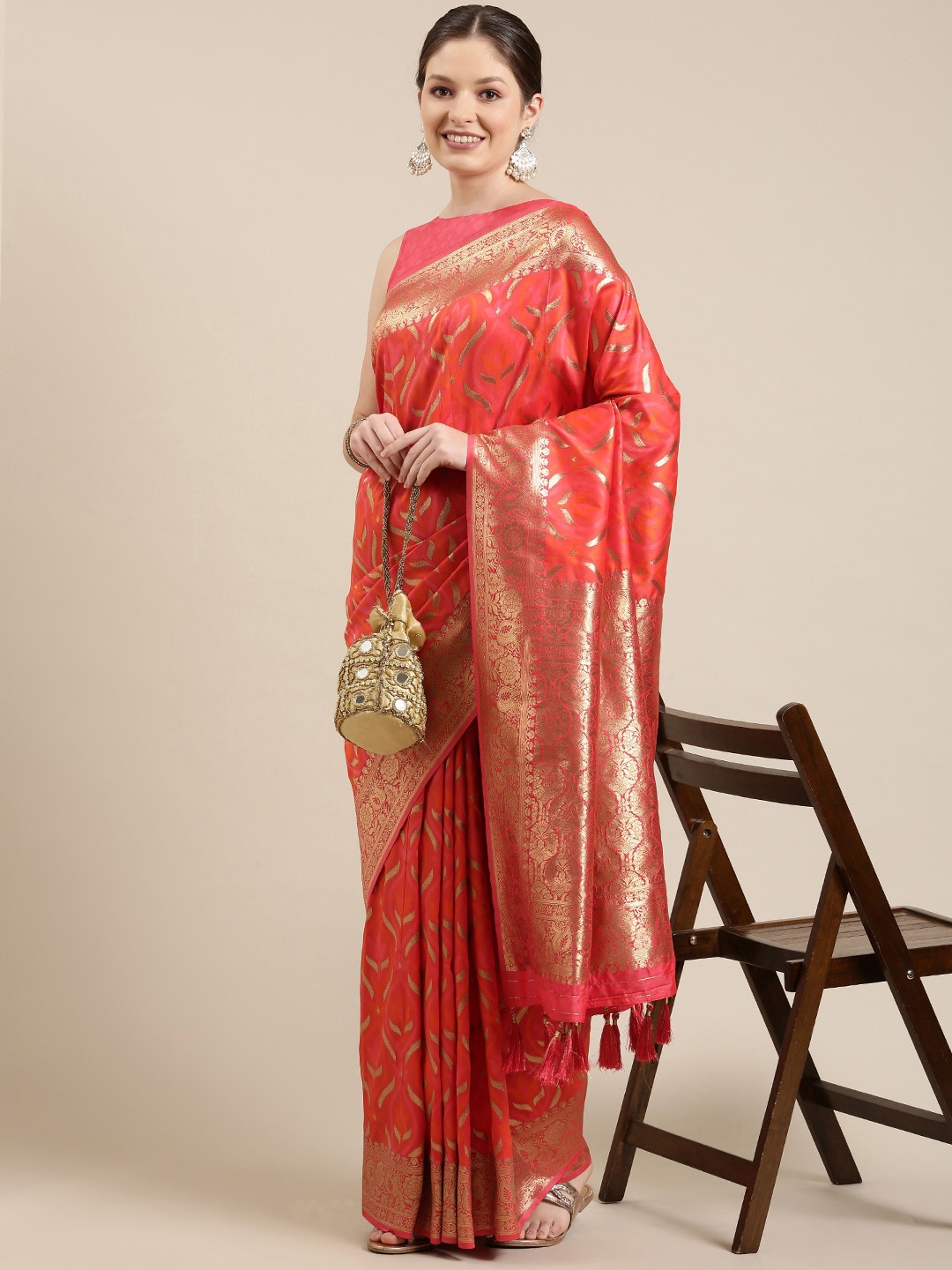 

panchhi Red & Golden Ethnic Motifs Zari Satin Banarasi Saree