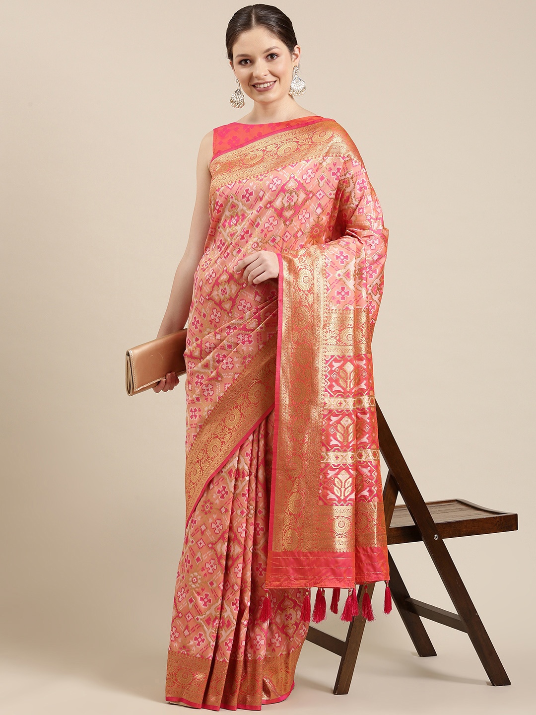 

panchhi Pink & Golden Ethnic Motifs Zari Satin Banarasi Saree