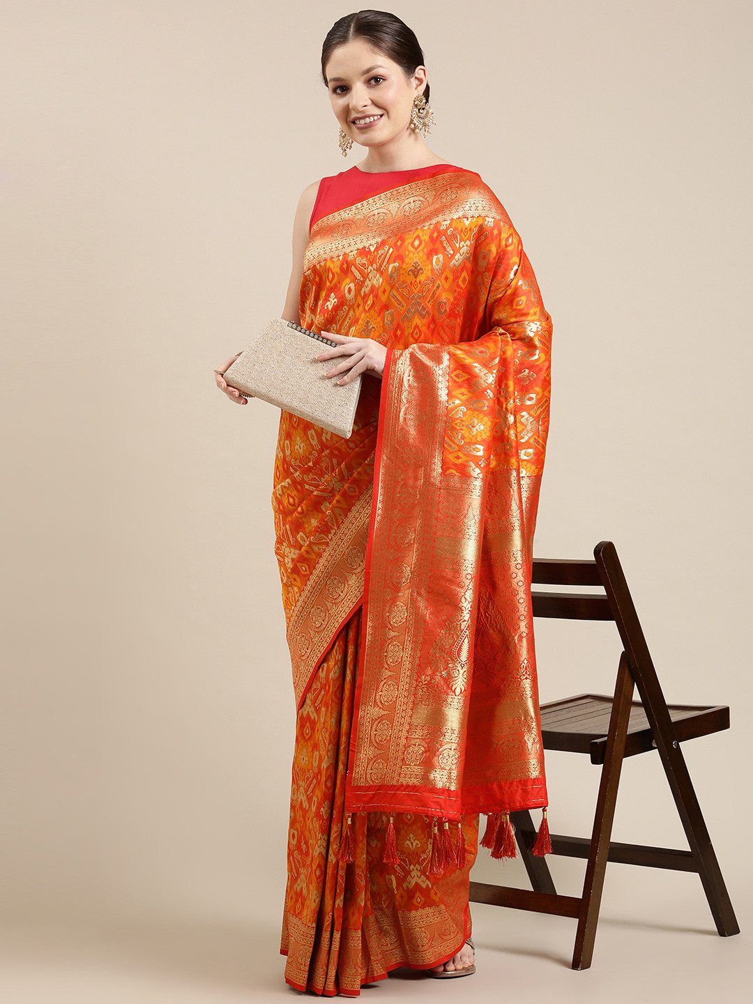 

panchhi Orange & Golden Ethnic Motifs Zari Satin Banarasi Saree