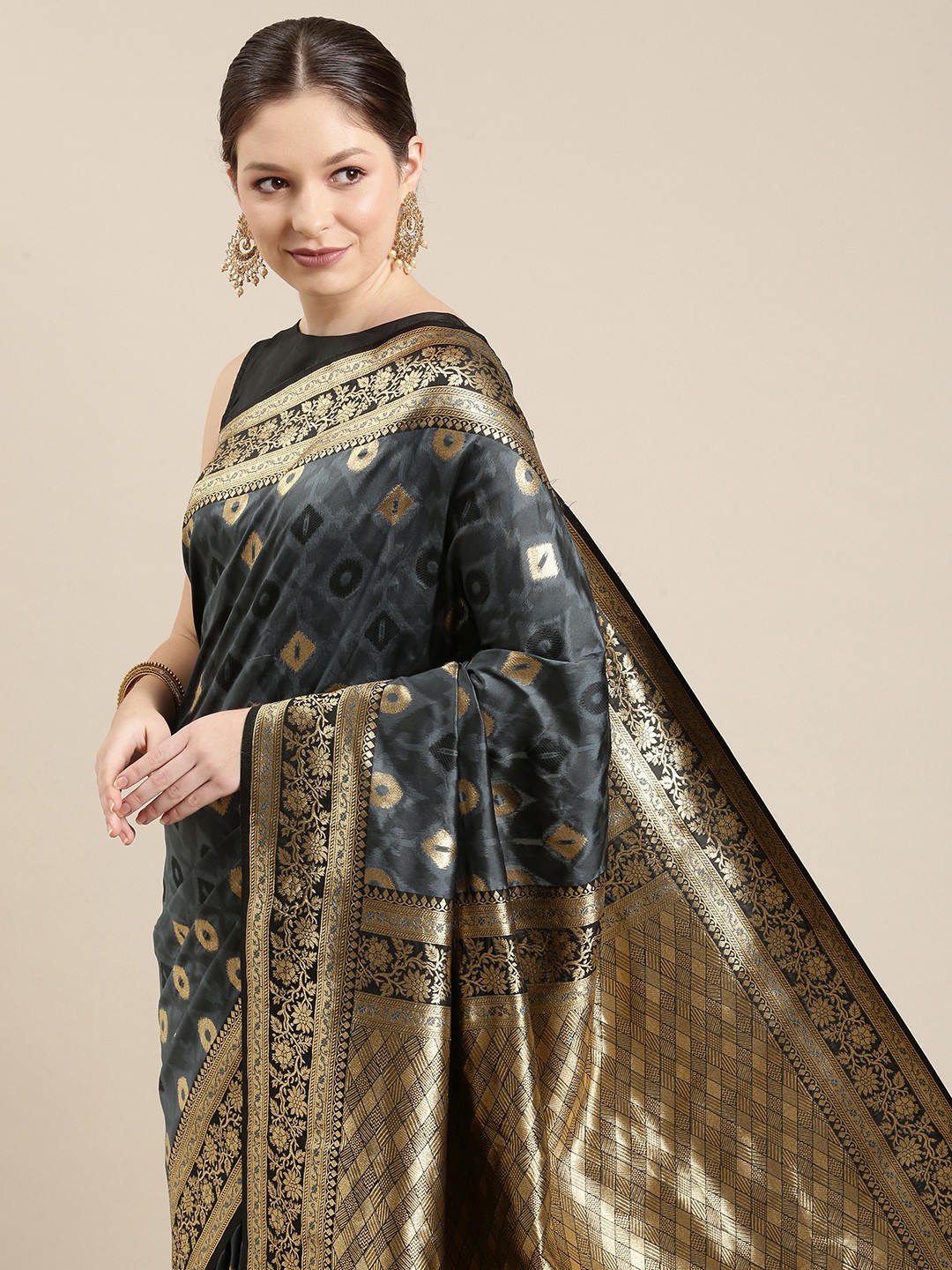 

panchhi Charcoal Grey & Golden Woven Design Zari Satin Banarasi Saree