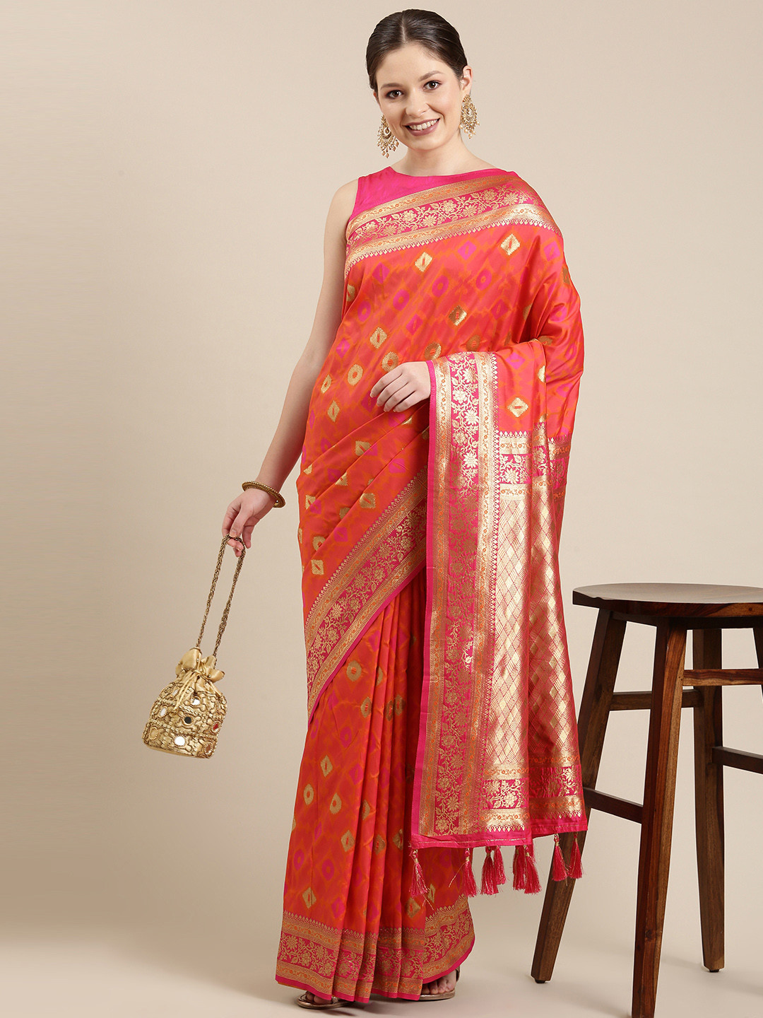 

panchhi Red & Golden Woven Design Zari Satin Banarasi Saree