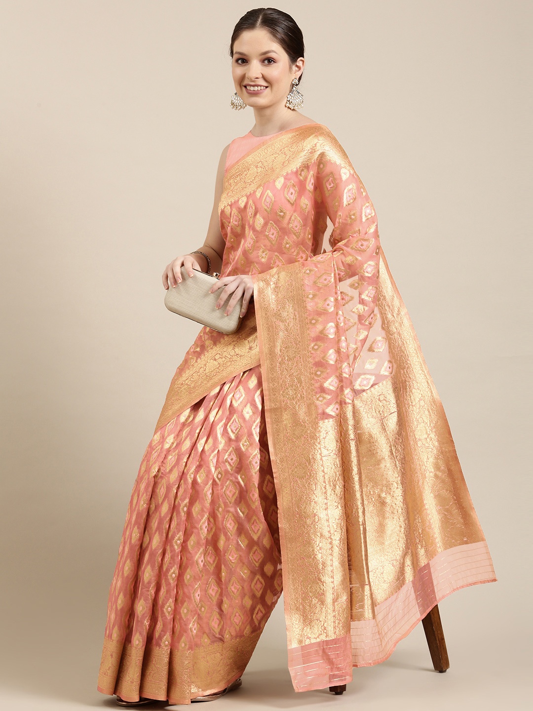 

panchhi Peach-Coloured & Golden Woven Design Zari Organza Banarasi Saree