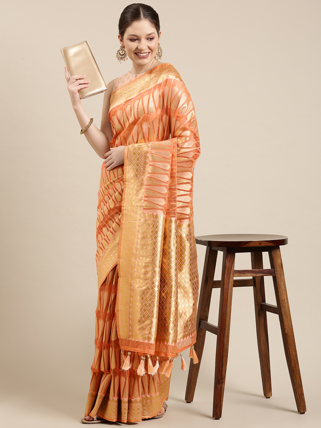 

panchhi Peach-Coloured & Golden Woven Design Zari Organza Banarasi Saree