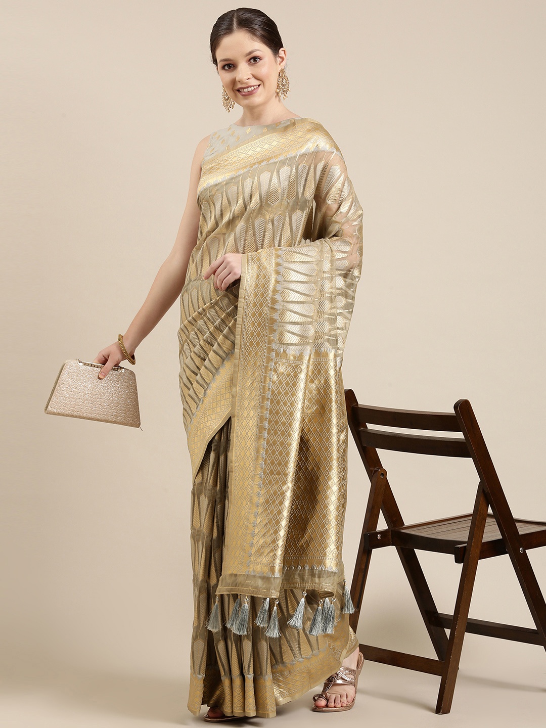 

panchhi Grey & Golden Woven Design Zari Organza Banarasi Saree