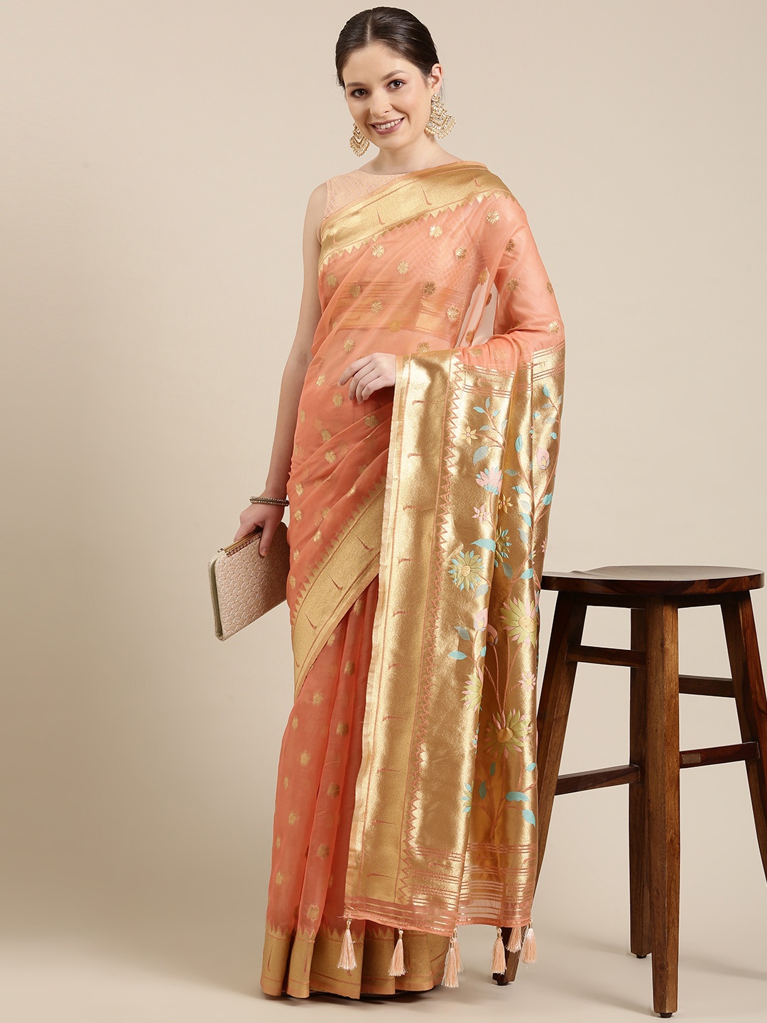 

panchhi Peach-Coloured & Golden Ethnic Motifs Zari Organza Banarasi Saree