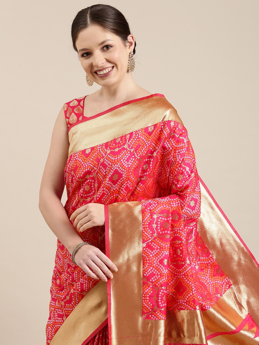 

panchhi Pink & Golden Bandhani Zari Satin Banarasi Saree