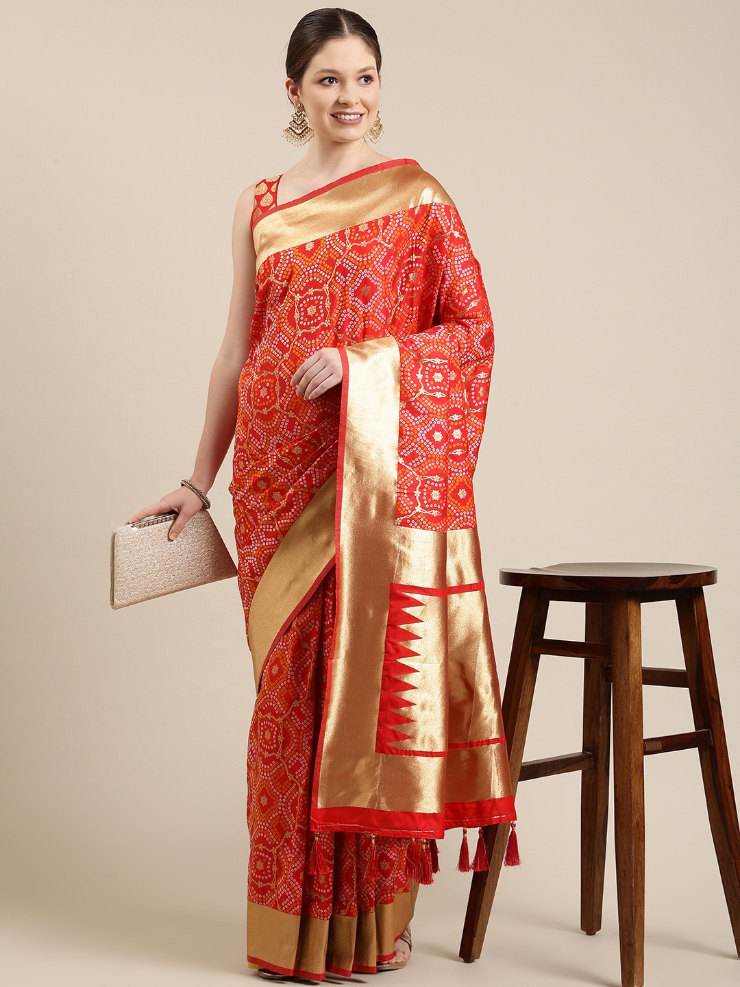 

panchhi Red & Golden Bandhani Zari Satin Banarasi Saree