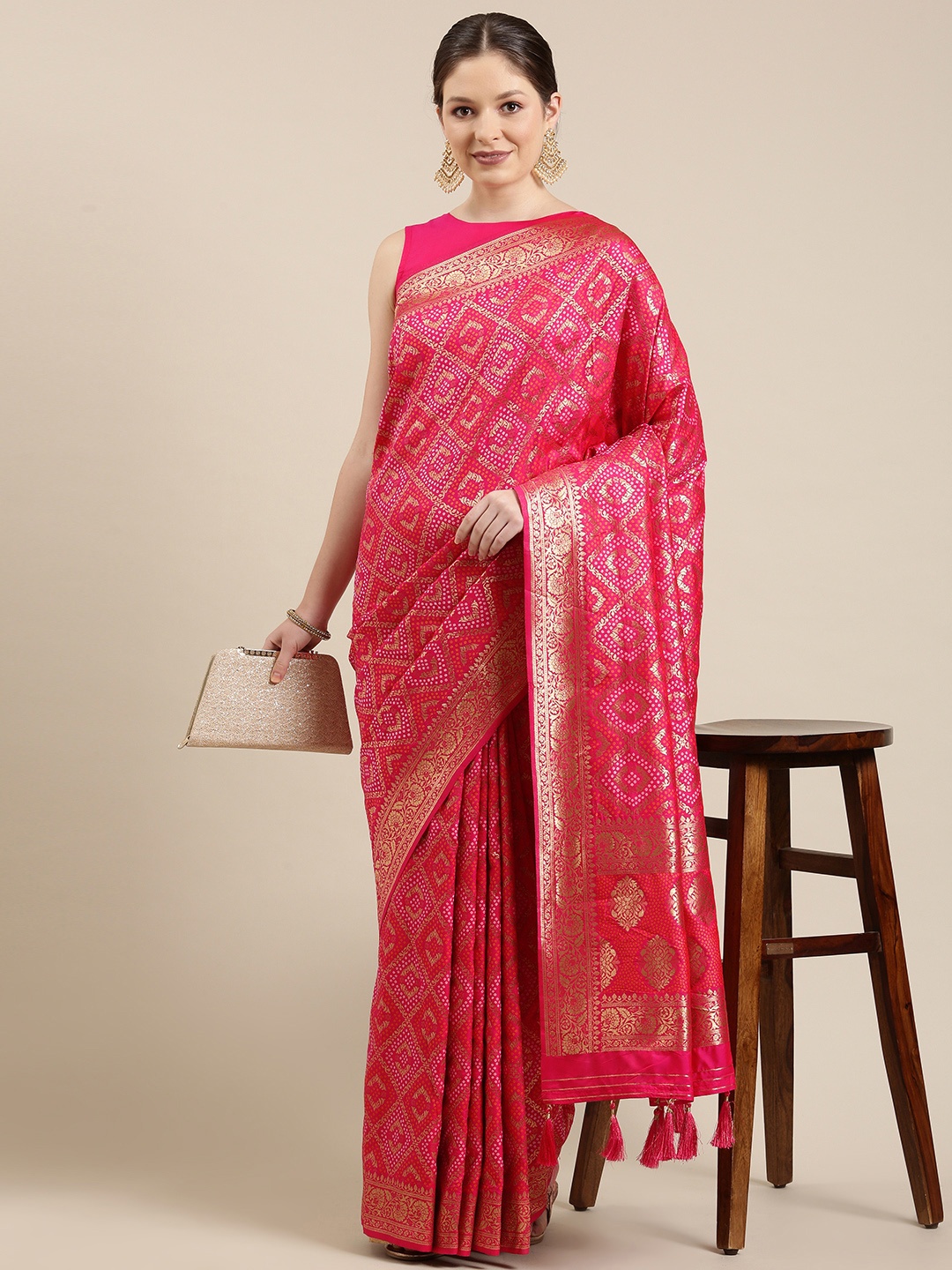 

panchhi Pink & Golden Bandhani Zari Satin Banarasi Saree