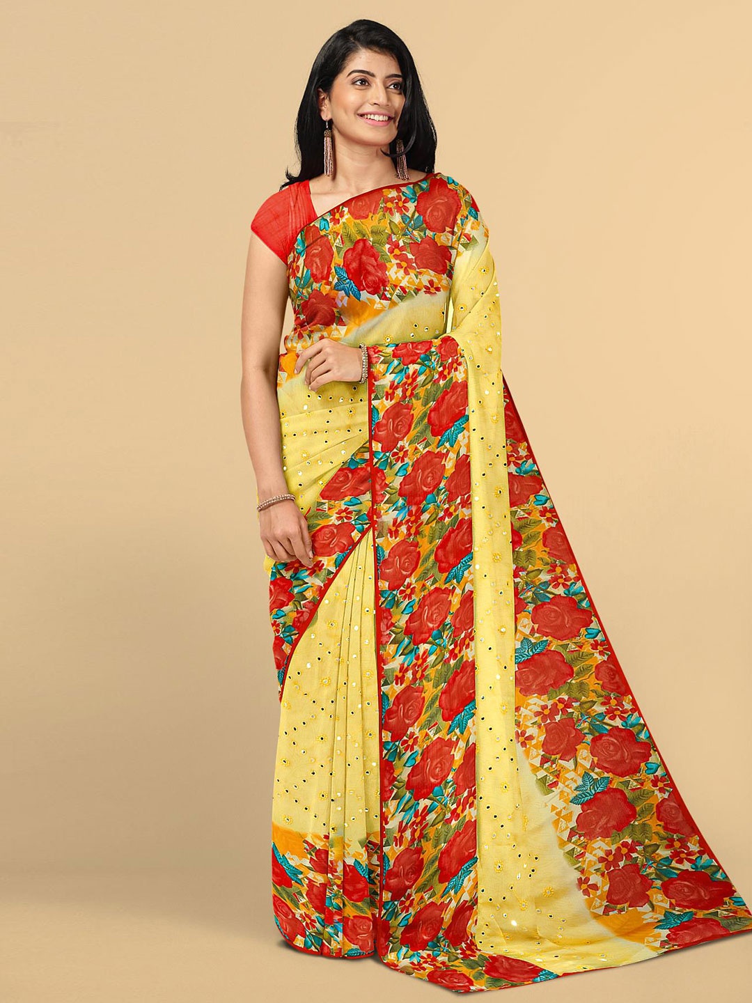 

Kalamandir Yellow & Green Floral Saree