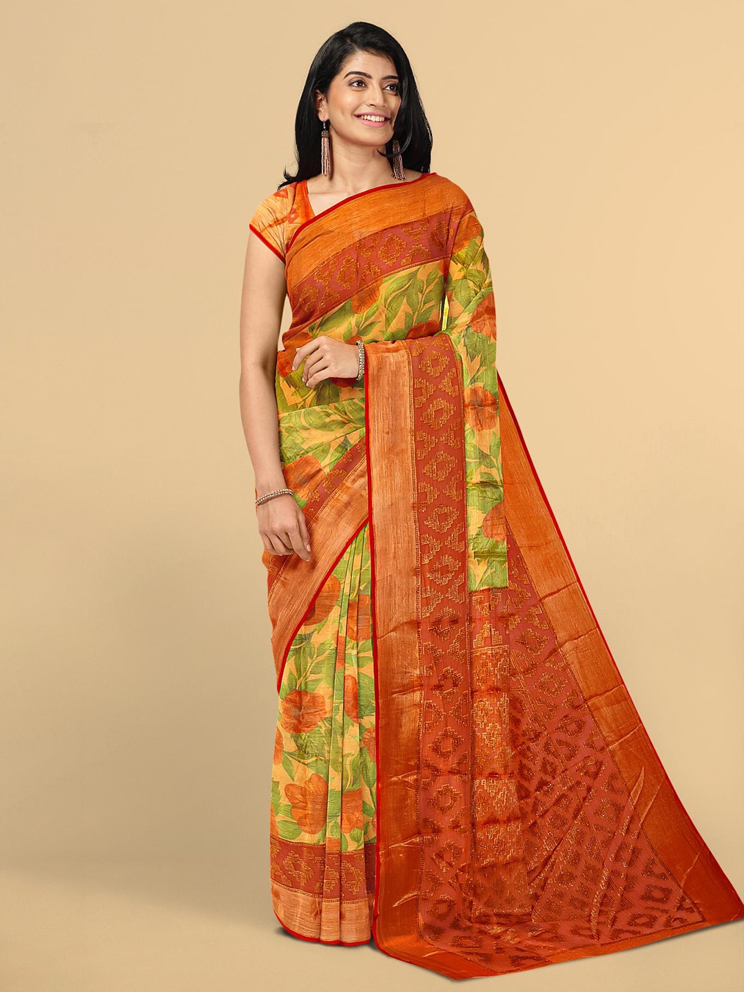 

Kalamandir Olive Green & Orange Floral Zari Silk Blend Saree With Unstitched Blouse Piece