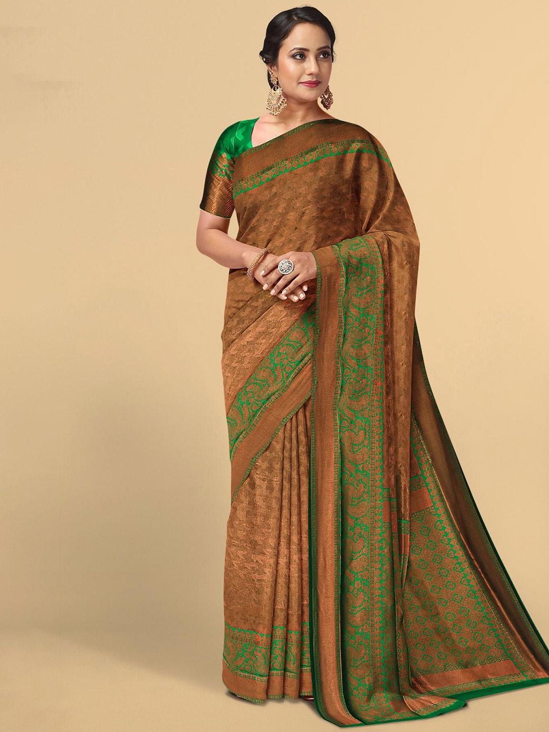 

Kalamandir Green & Copper-Toned Floral Zari Silk Blend Saree