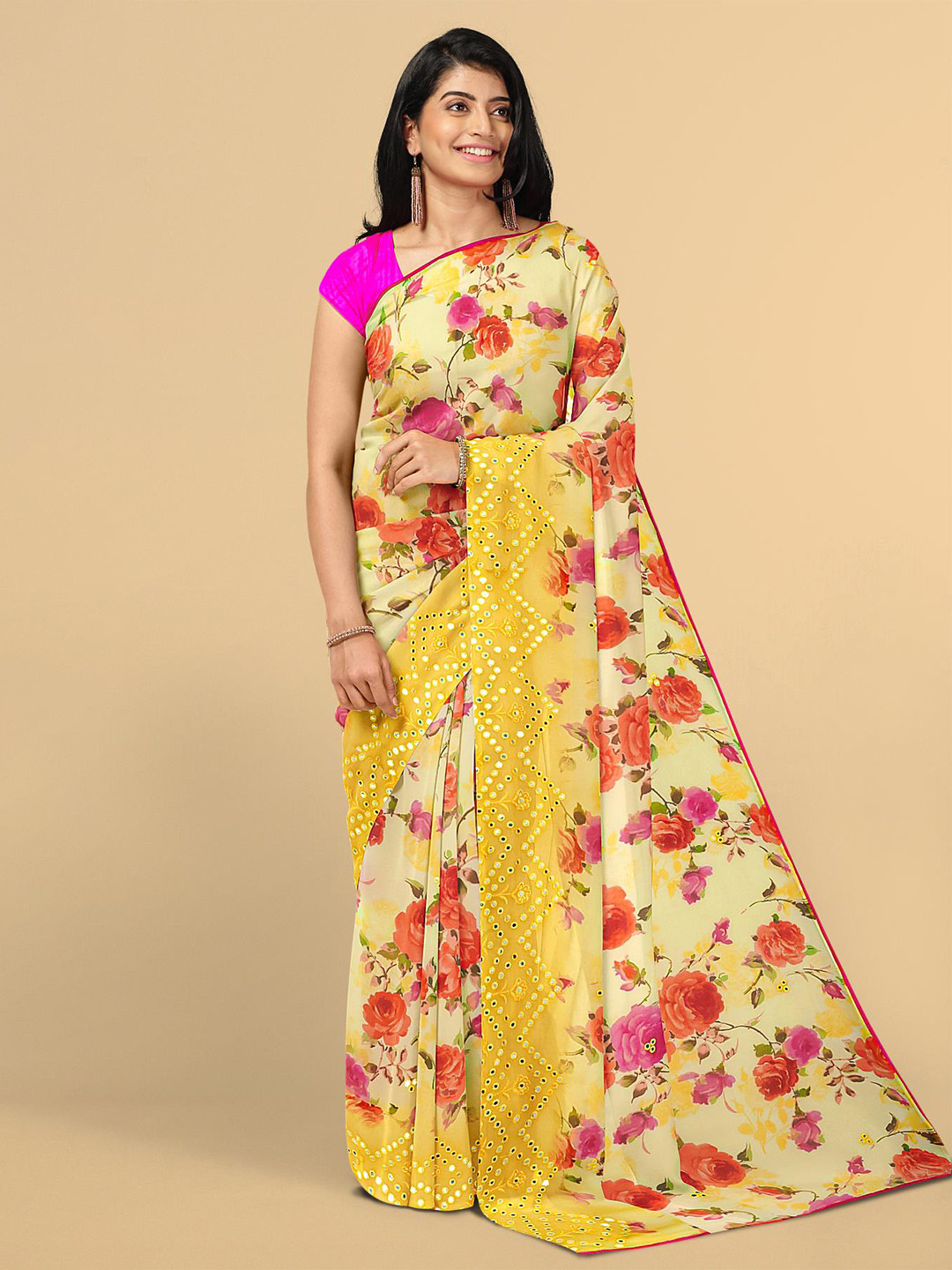 

Kalamandir Yellow & Pink Poly Georgette Floral Saree