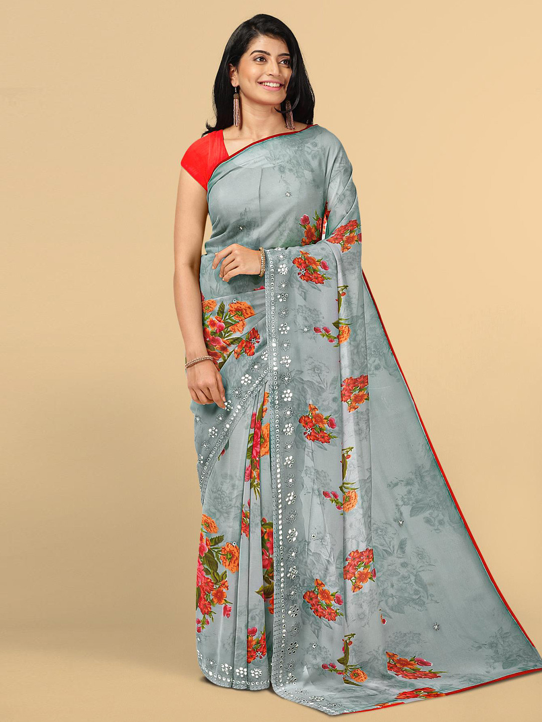 

Kalamandir Grey & Red Floral Georgette Saree