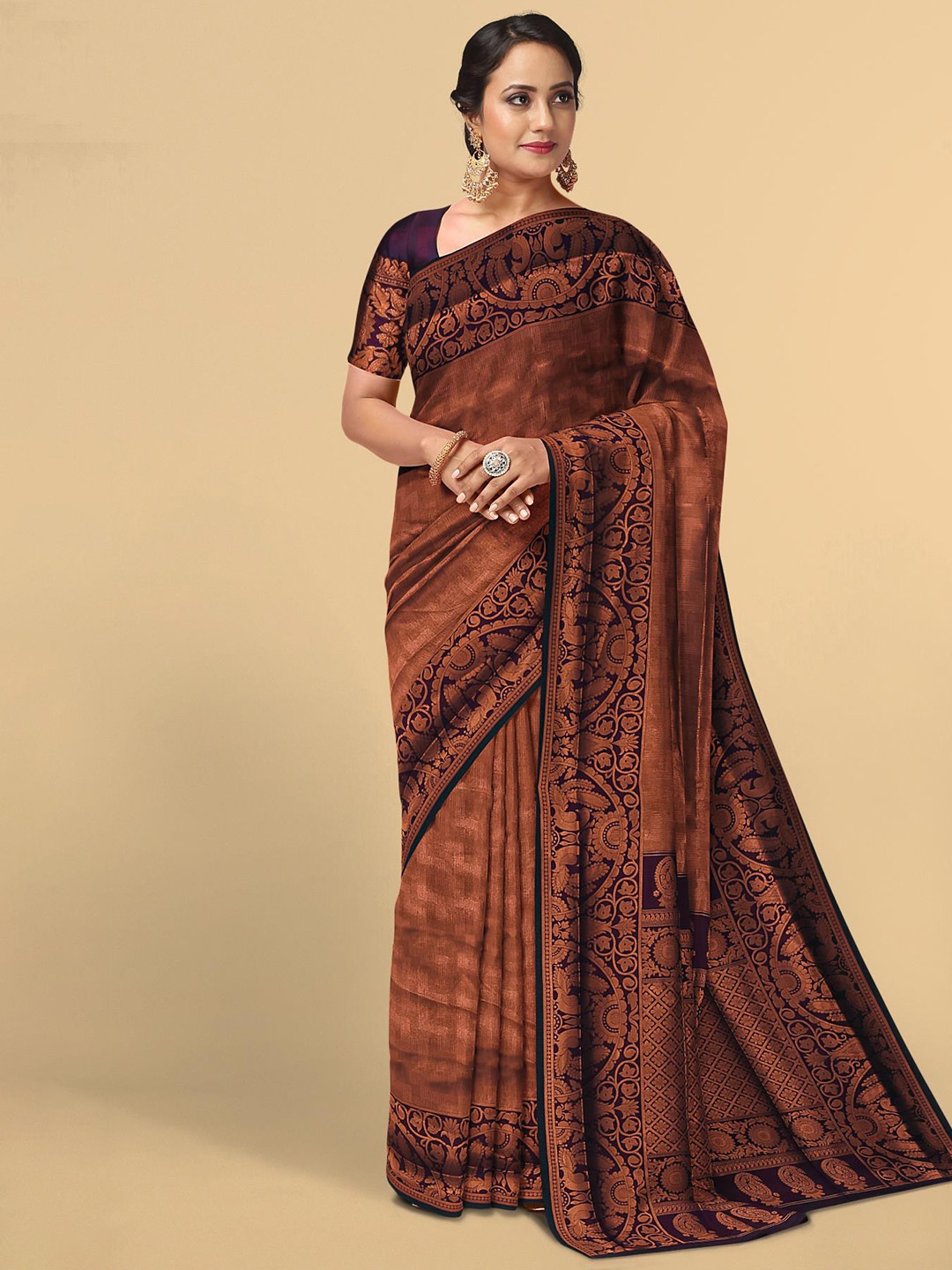 Kalamandir Maroon & Copper-Toned Ethnic Motifs Zari Silk Blend Saree