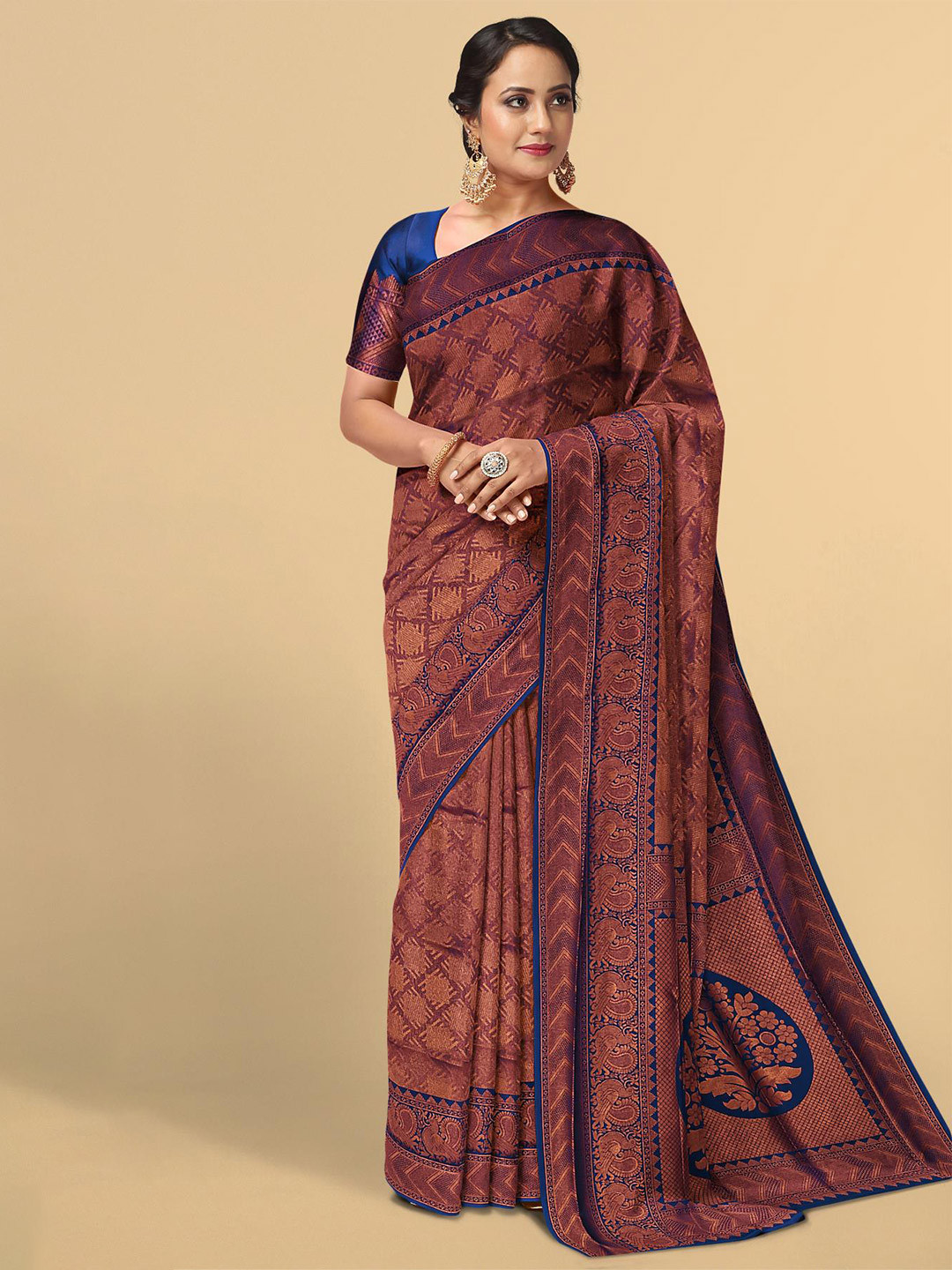 

Kalamandir Navy Blue & Copper-Toned Woven Design Zari Silk Blend Saree